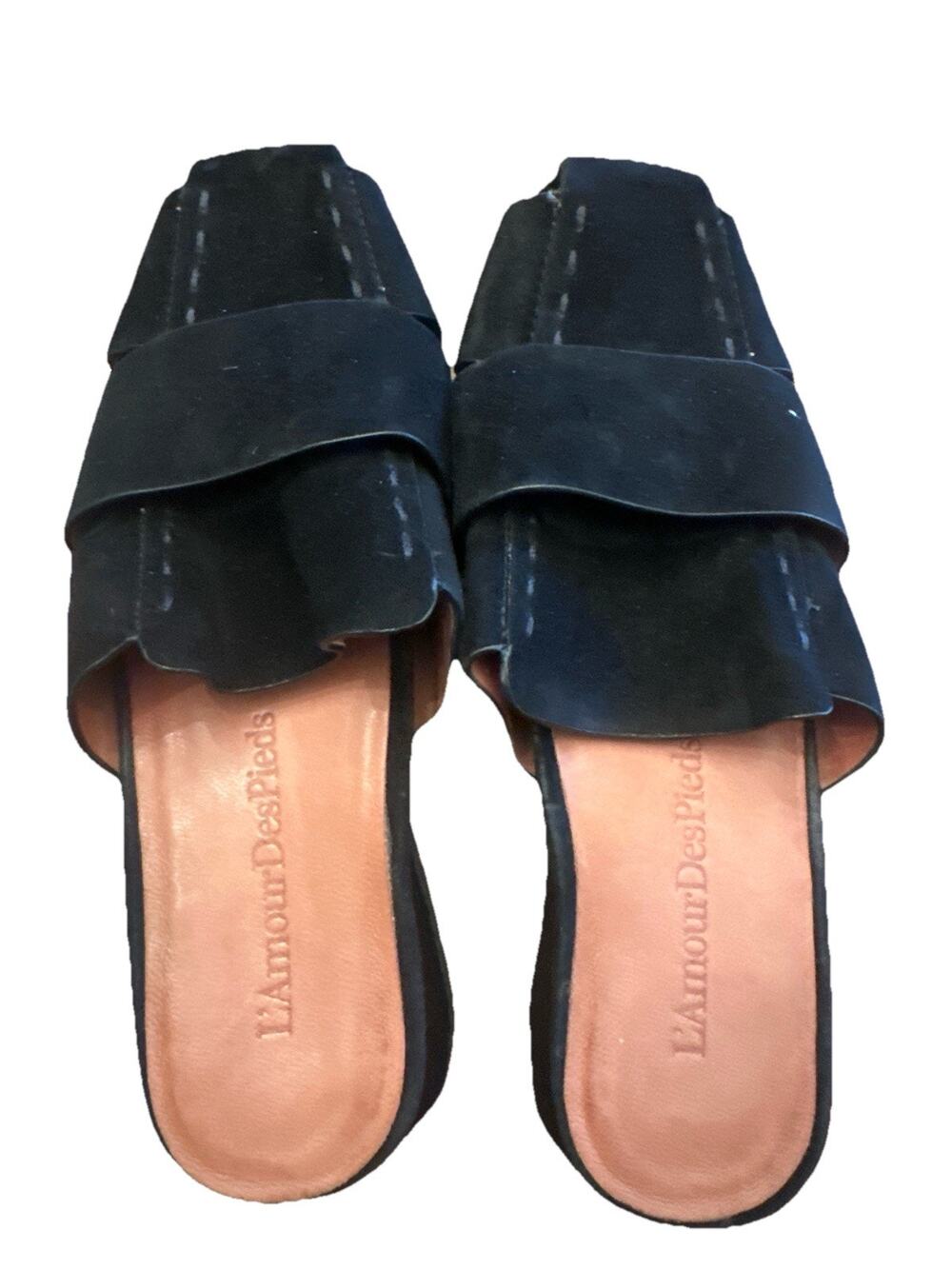 L'Amour Des Pieds Black Suede Leather Square Toe Mules Sandals 7.5